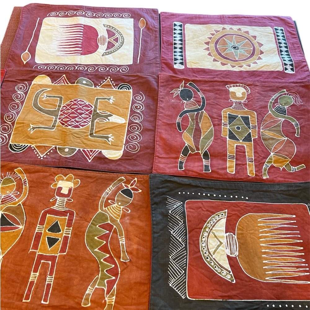 Vintage African Batik & Folk Art Placemats Set of 8 - Tribal Canvas Table Decor